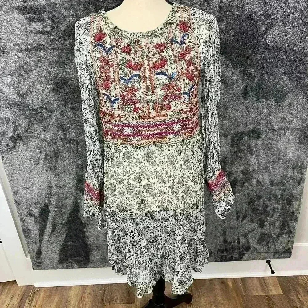 Anthropologie Gisella Beaded Sheer Midi Dress Long Sleeve Embroidered Size 6